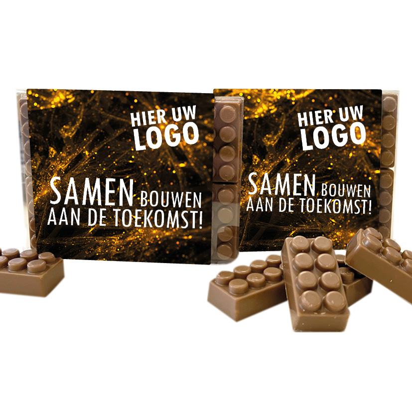 Doosje met 10 chocolade bouwblokjes inclusief banderol